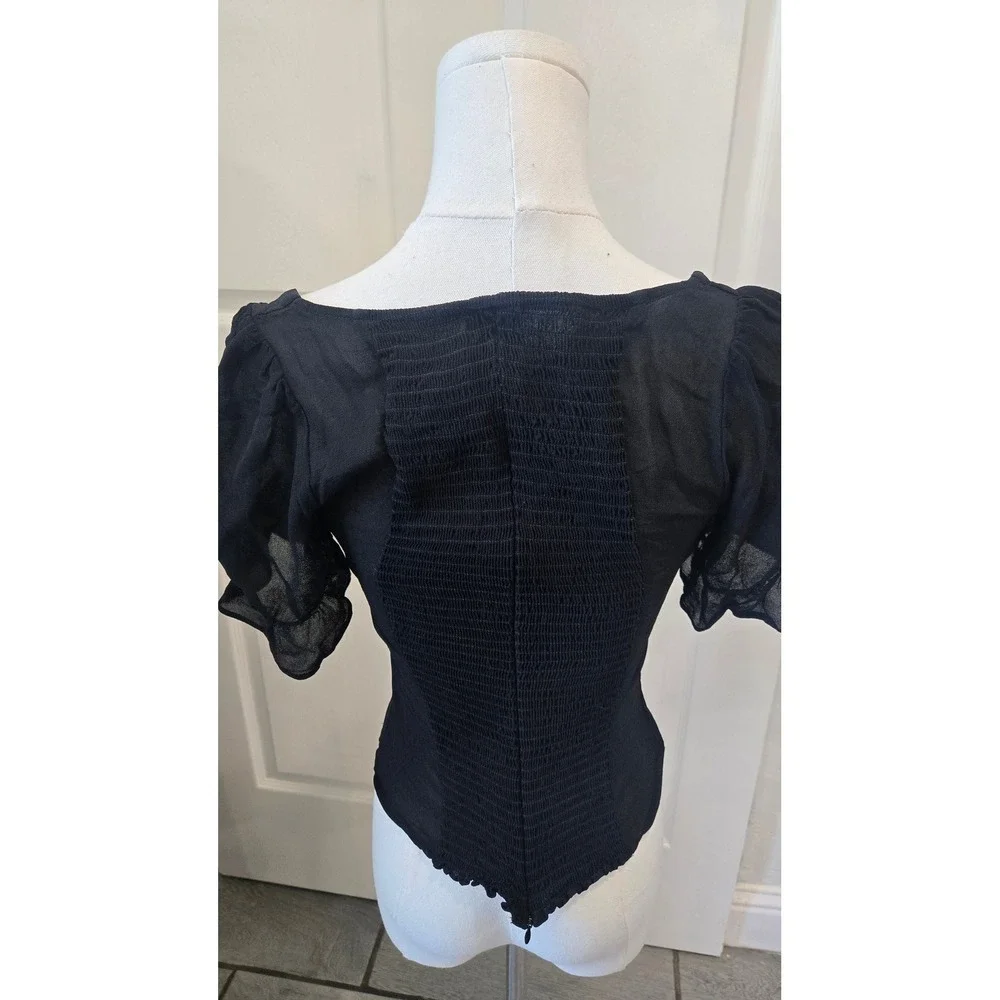 Reformation Black Corset Top Sheer Puff Sleeve Smocked Back Sweetheart Neck 4